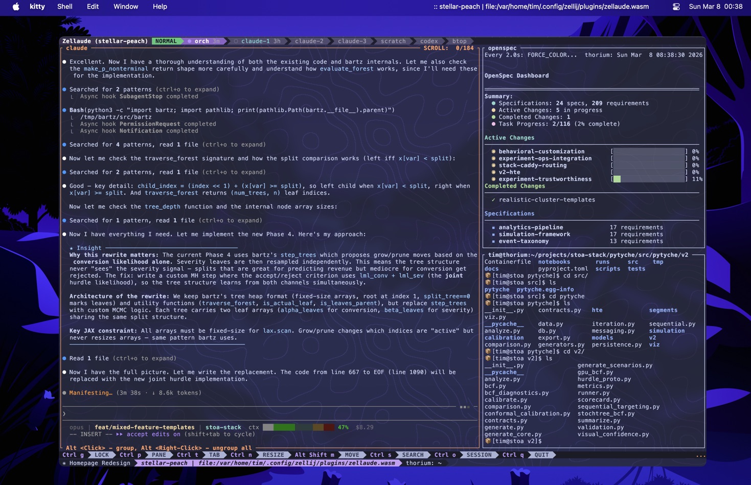 A typical session: Zellij terminal with Claude orchestrator dispatching subagents on the left, OpenSpec dashboard and Stoa codebase on the right.